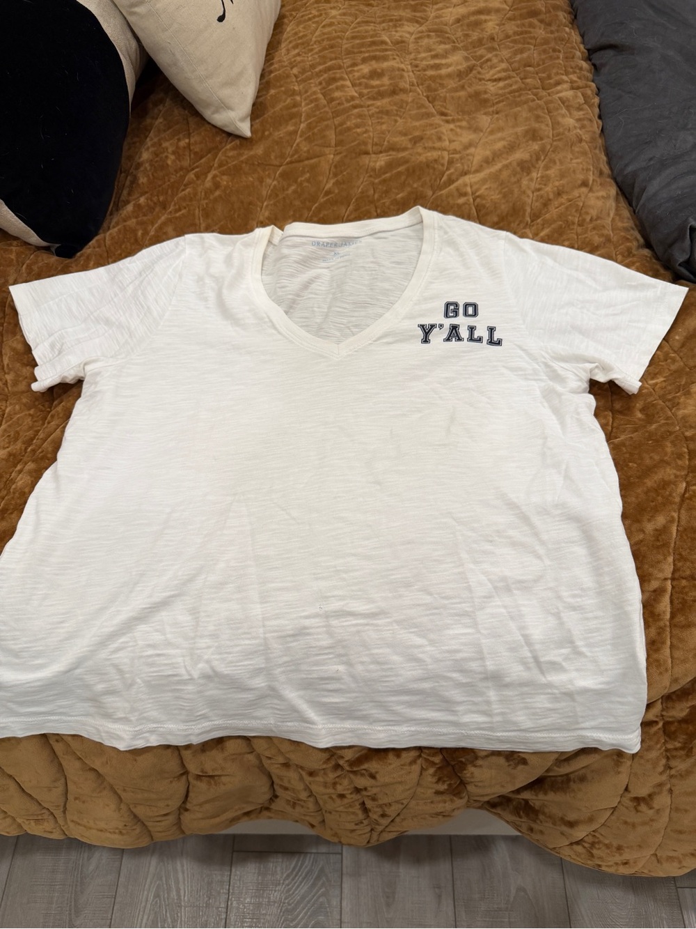 Draper James White V-Neck Tee with Navy "GO Y'ALL" Embroidery